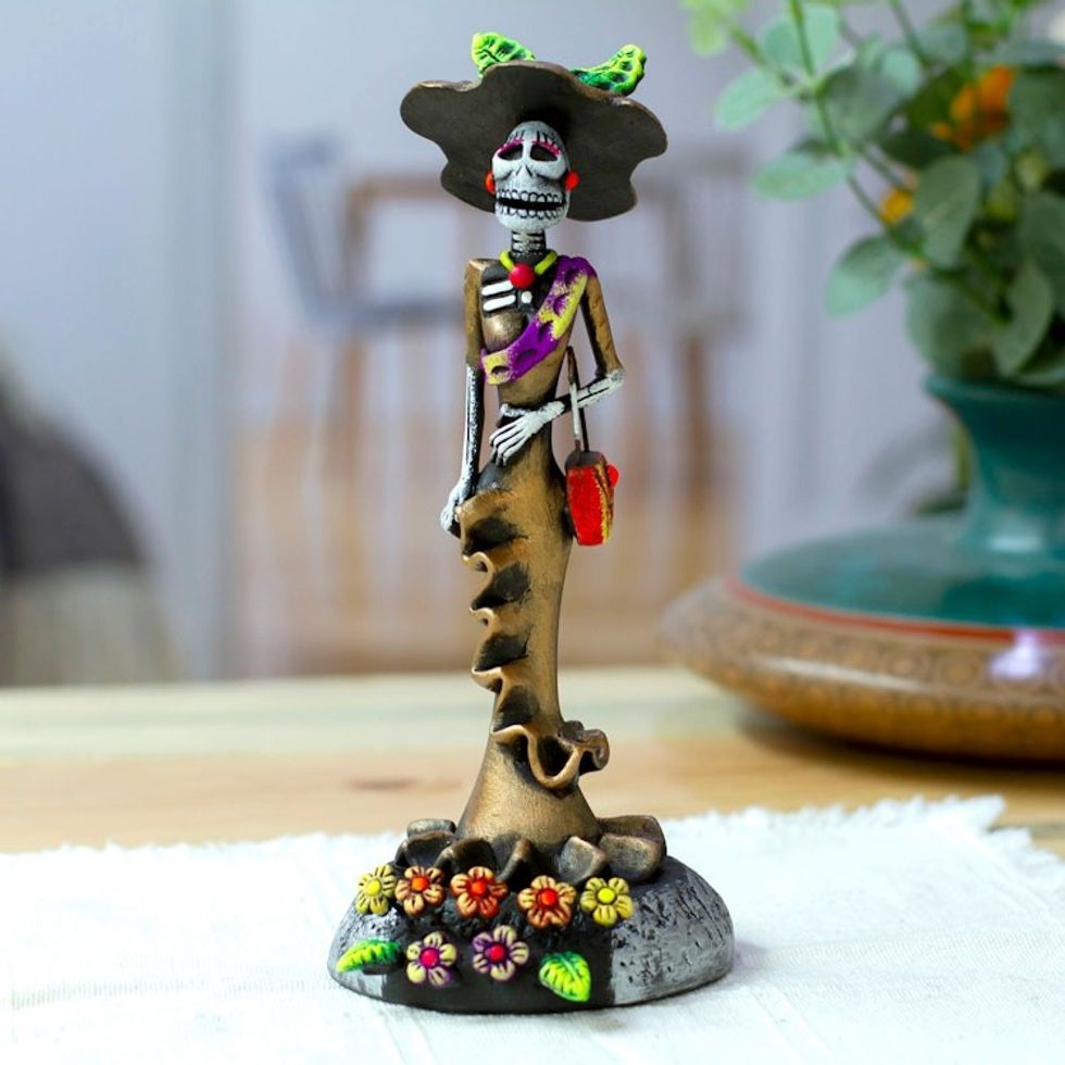 Handcrafted Floral Bronze Catrina Sculpture on Floral Base 'The Regal Catrina'