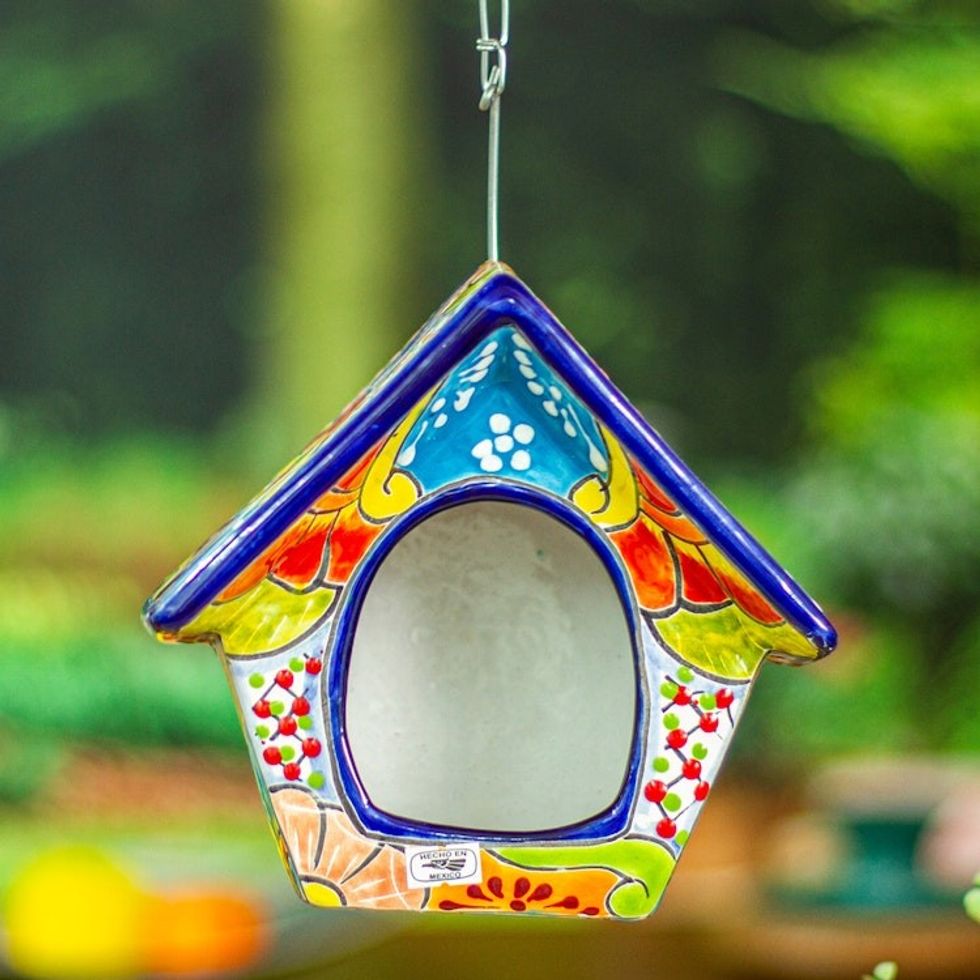 Hand-Painted Talavera Ceramic Bird Feeder in Blue Hues 'Blue Arcadia'
