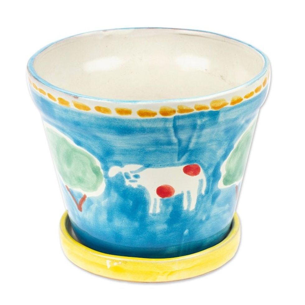 Painted Cow and Tree Blue Ceramic Flower Pot and Saucer 'Serene Cows'