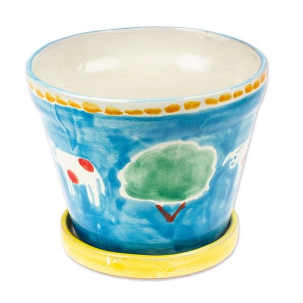 Alternate image for Painted Cow and Tree Blue Ceramic Flower Pot and Saucer Serene Cows