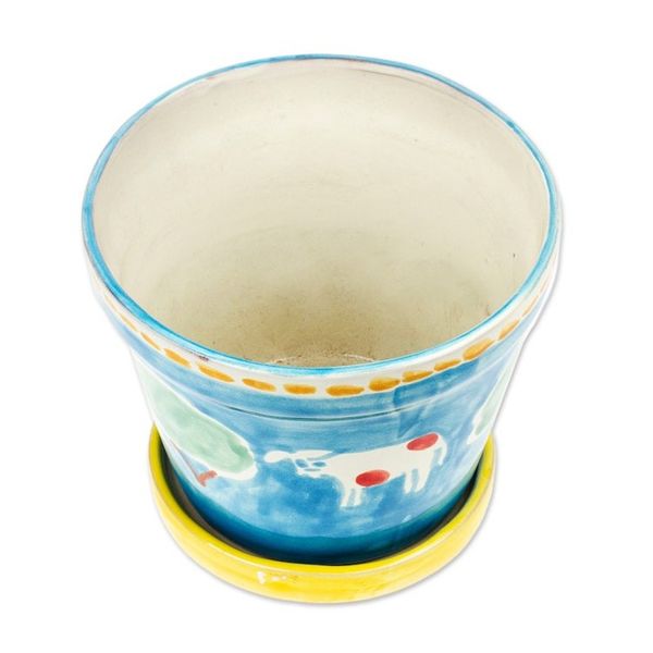 Alternate image for Painted Cow and Tree Blue Ceramic Flower Pot and Saucer Serene Cows