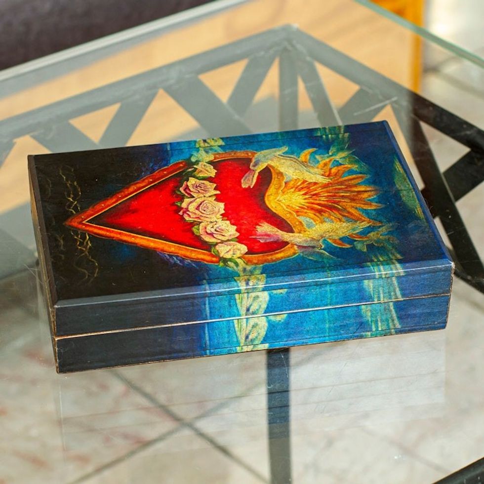 Pine Wood Decoupage Decorative Box from Mexico 'Sacred San Miguel's Heart'