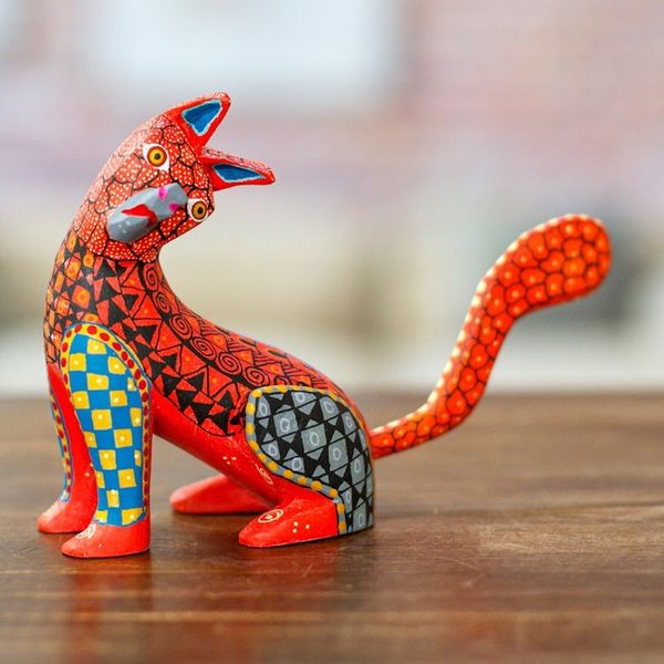 Alternate image for Wood Cat Alebrije Figurine in Red Hand-Painted in Mexico Curious Cat in Red