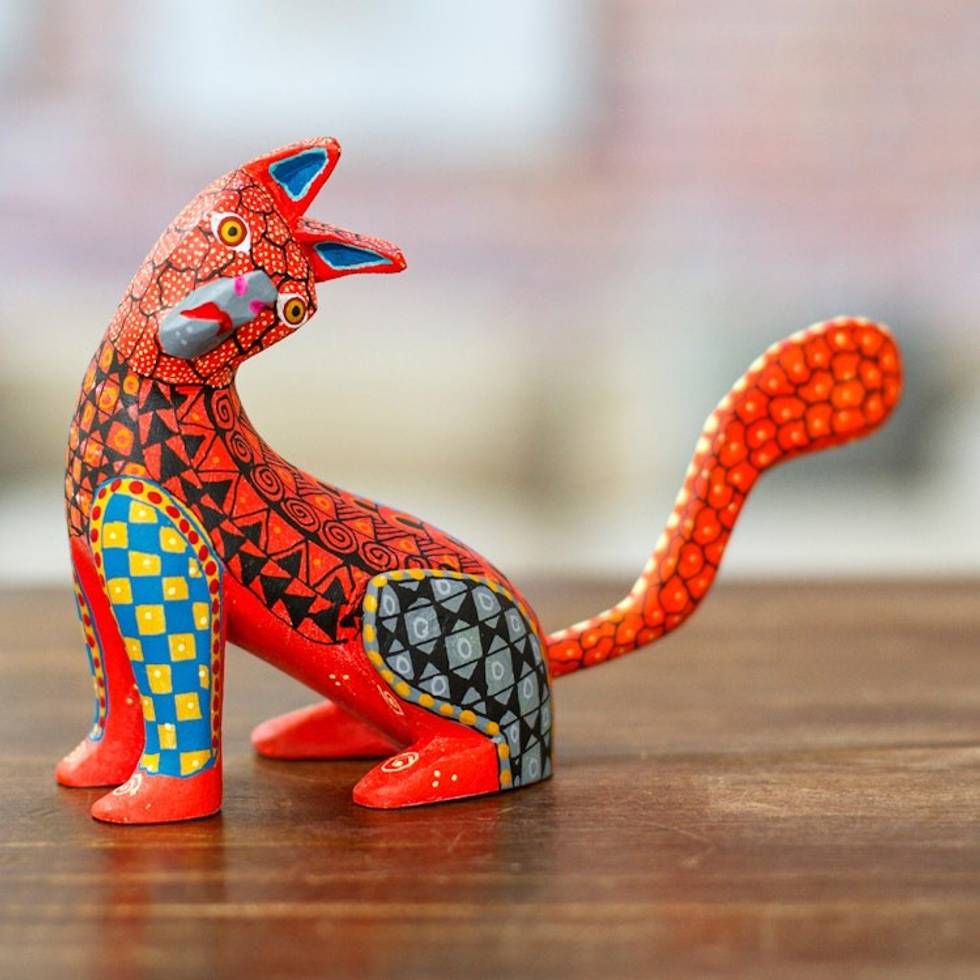 Wood Cat Alebrije Figurine in Red Hand-Painted in Mexico 'Curious Cat in Red'