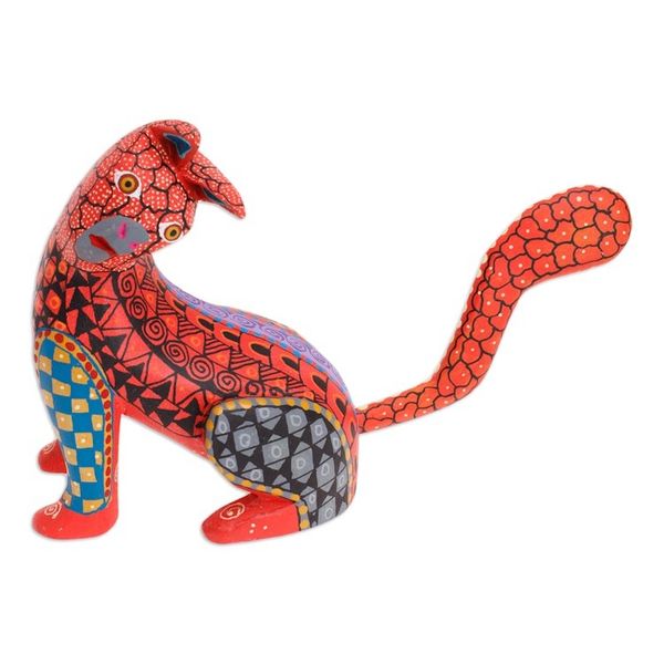 Alternate image for Wood Cat Alebrije Figurine in Red Hand-Painted in Mexico Curious Cat in Red