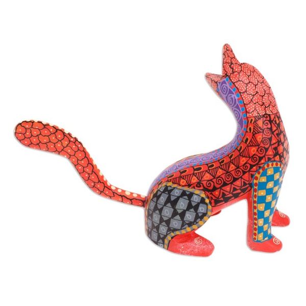 Alternate image for Wood Cat Alebrije Figurine in Red Hand-Painted in Mexico Curious Cat in Red