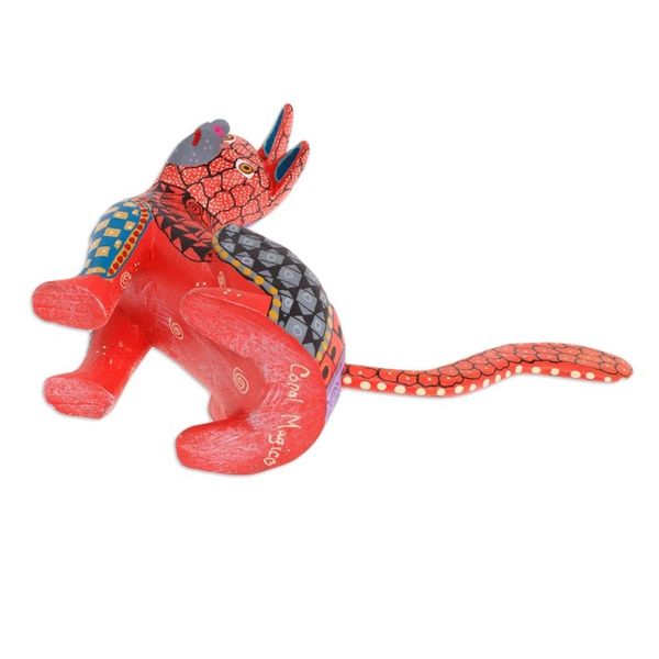 Alternate image for Wood Cat Alebrije Figurine in Red Hand-Painted in Mexico Curious Cat in Red