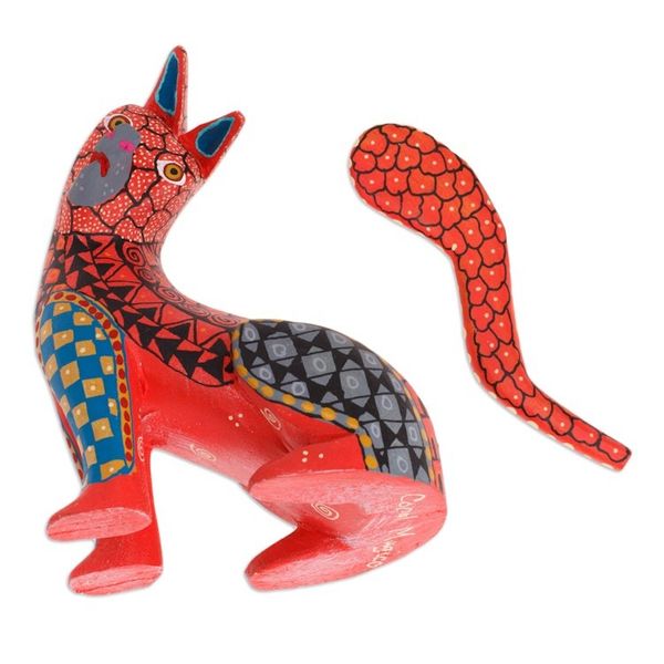 Alternate image for Wood Cat Alebrije Figurine in Red Hand-Painted in Mexico Curious Cat in Red