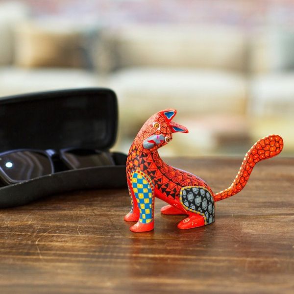Alternate image for Wood Cat Alebrije Figurine in Red Hand-Painted in Mexico Curious Cat in Red