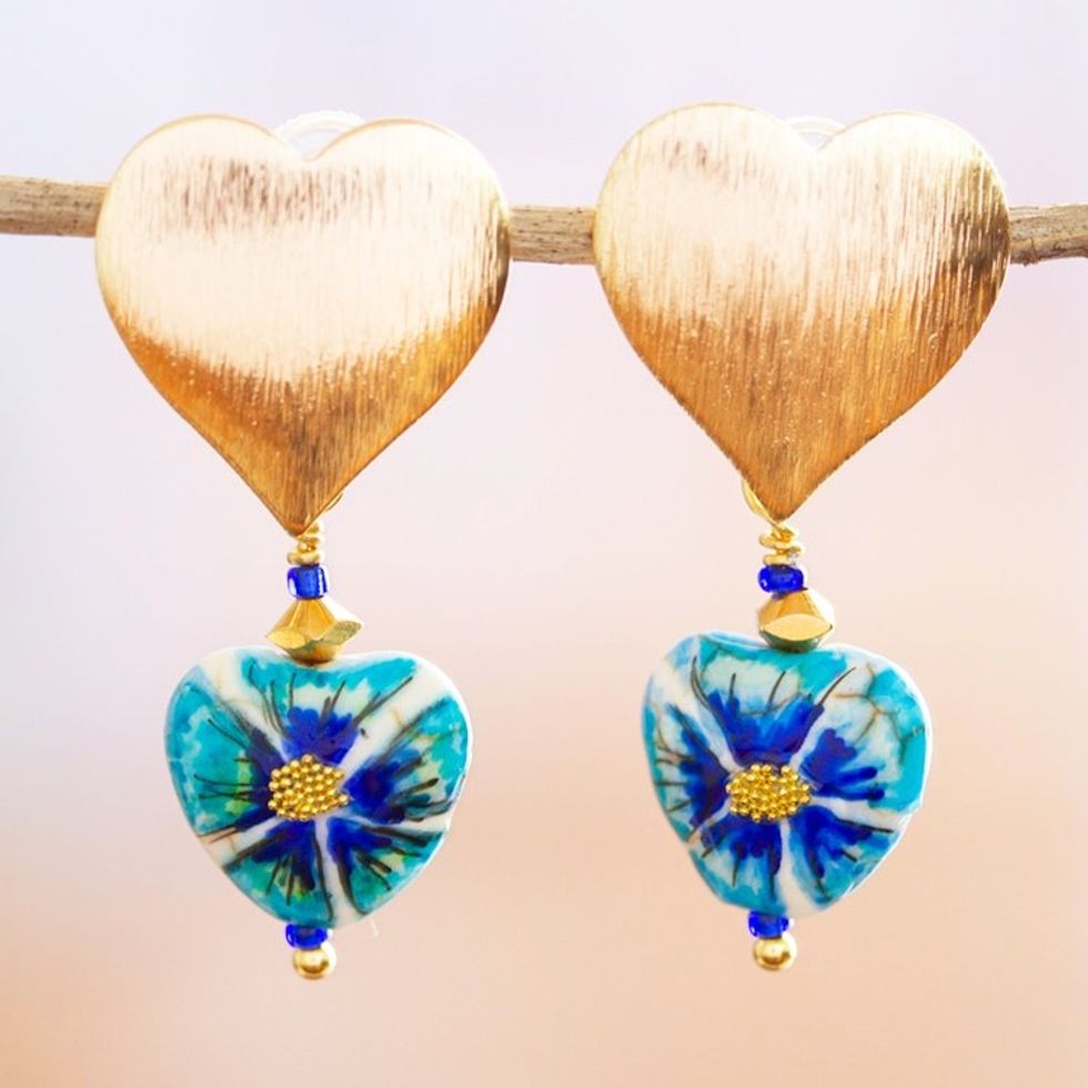 14k Gold-Plated Dangle Earrings with Hand-Painted Flowers 'Floral Intuition'