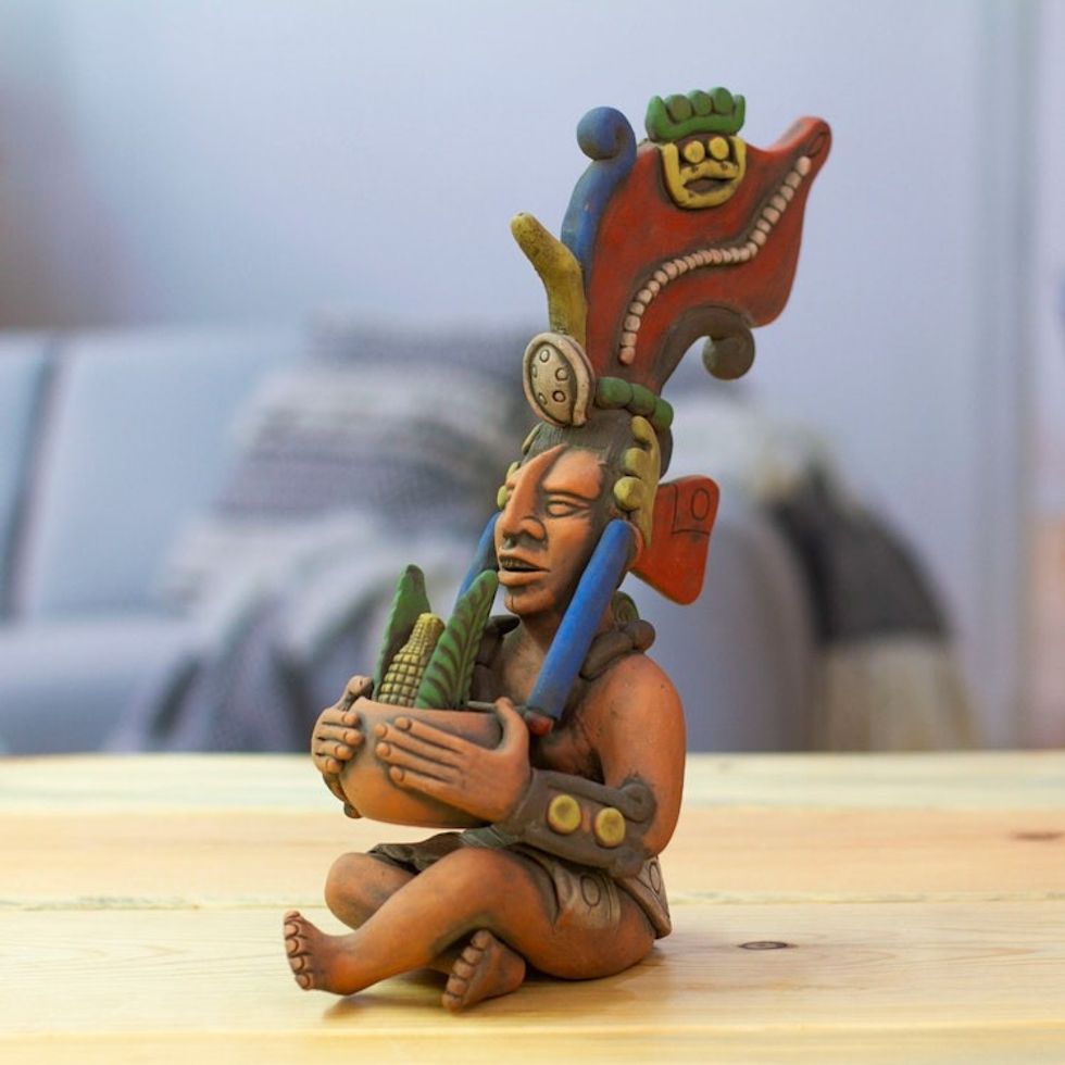 Hand-Painted Folk Art Traditional Ceramic Sculpture 'Offering to Corn'
