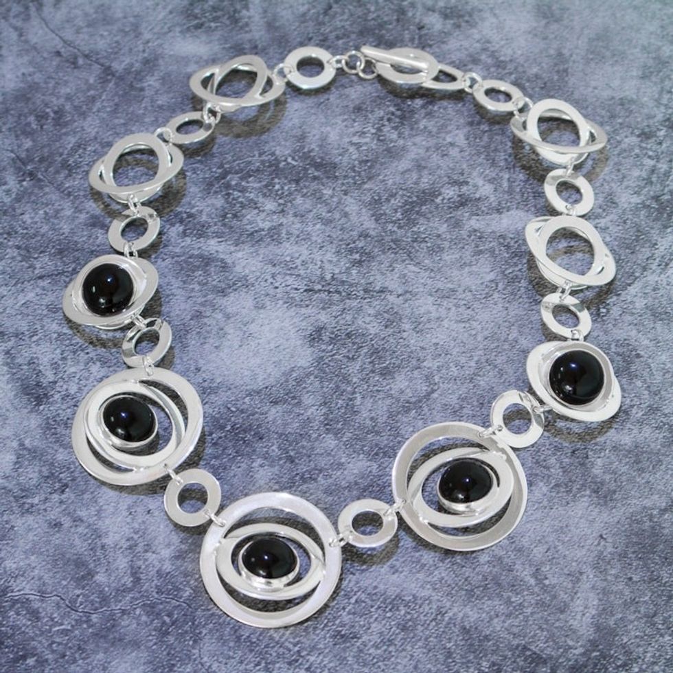 Modern Sterling Silver Link Necklace with Obsidian Jewels 'Enlightened Evolution'