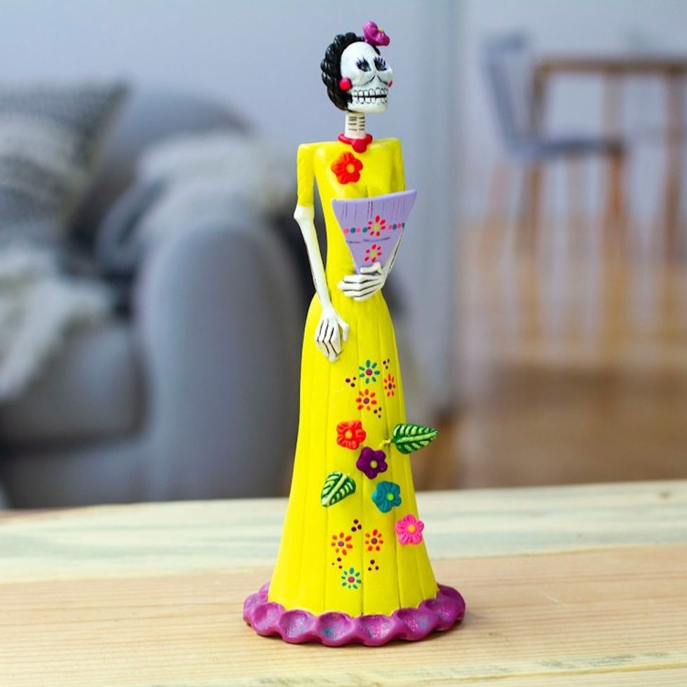 Hand-Painted Catrina Fan Ceramic Sculpture from Mexico 'Jolly Catrina'