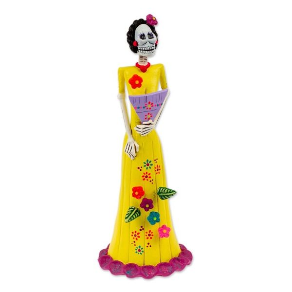 Alternate image for Hand-Painted Catrina Fan Ceramic Sculpture from Mexico Jolly Catrina