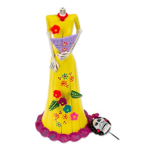 Alternate image for Hand-Painted Catrina Fan Ceramic Sculpture from Mexico Jolly Catrina