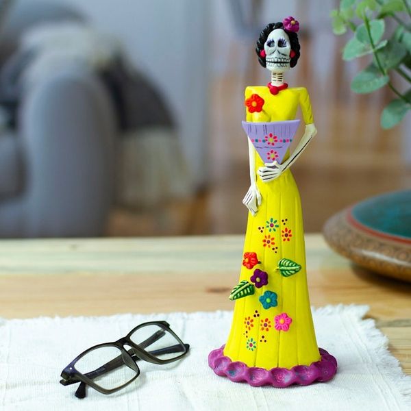 Alternate image for Hand-Painted Catrina Fan Ceramic Sculpture from Mexico Jolly Catrina