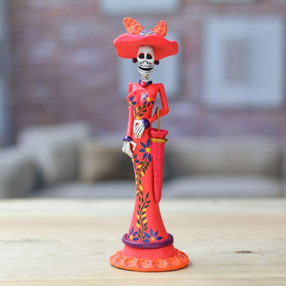 Hand-Painted Floral Lady Catrina Ceramic Sculpture in Red 'Lady Catrina in Red'