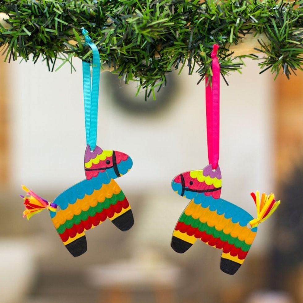 Pair of Hand-Painted Wood Donkey Ornaments with Ribbons 'Vivacious Donkey'