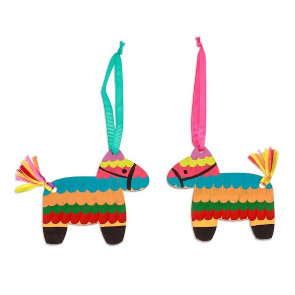 Alternate image for Pair of Hand-Painted Wood Donkey Ornaments with Ribbons Vivacious Donkey