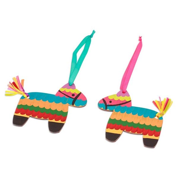 Alternate image for Pair of Hand-Painted Wood Donkey Ornaments with Ribbons Vivacious Donkey