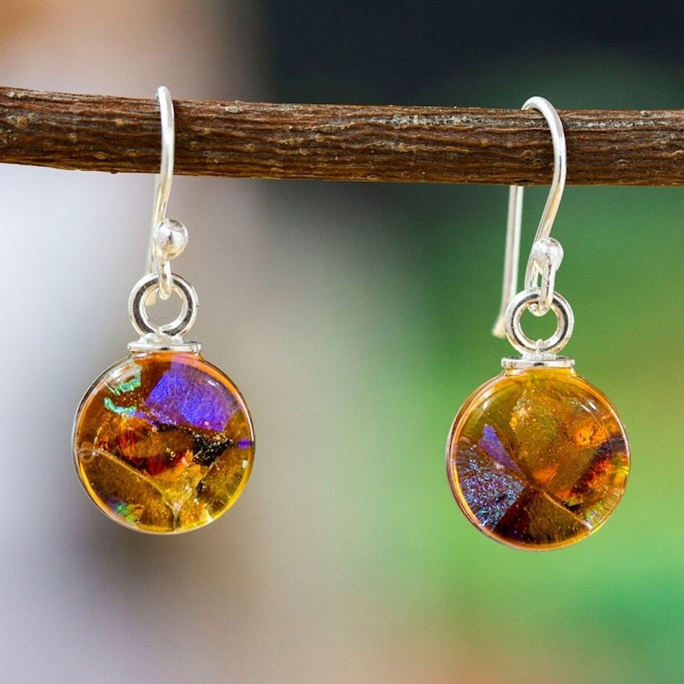 Round Ginger Dichroic Art Glass Dangle Earrings from Mexico 'Jolly World'