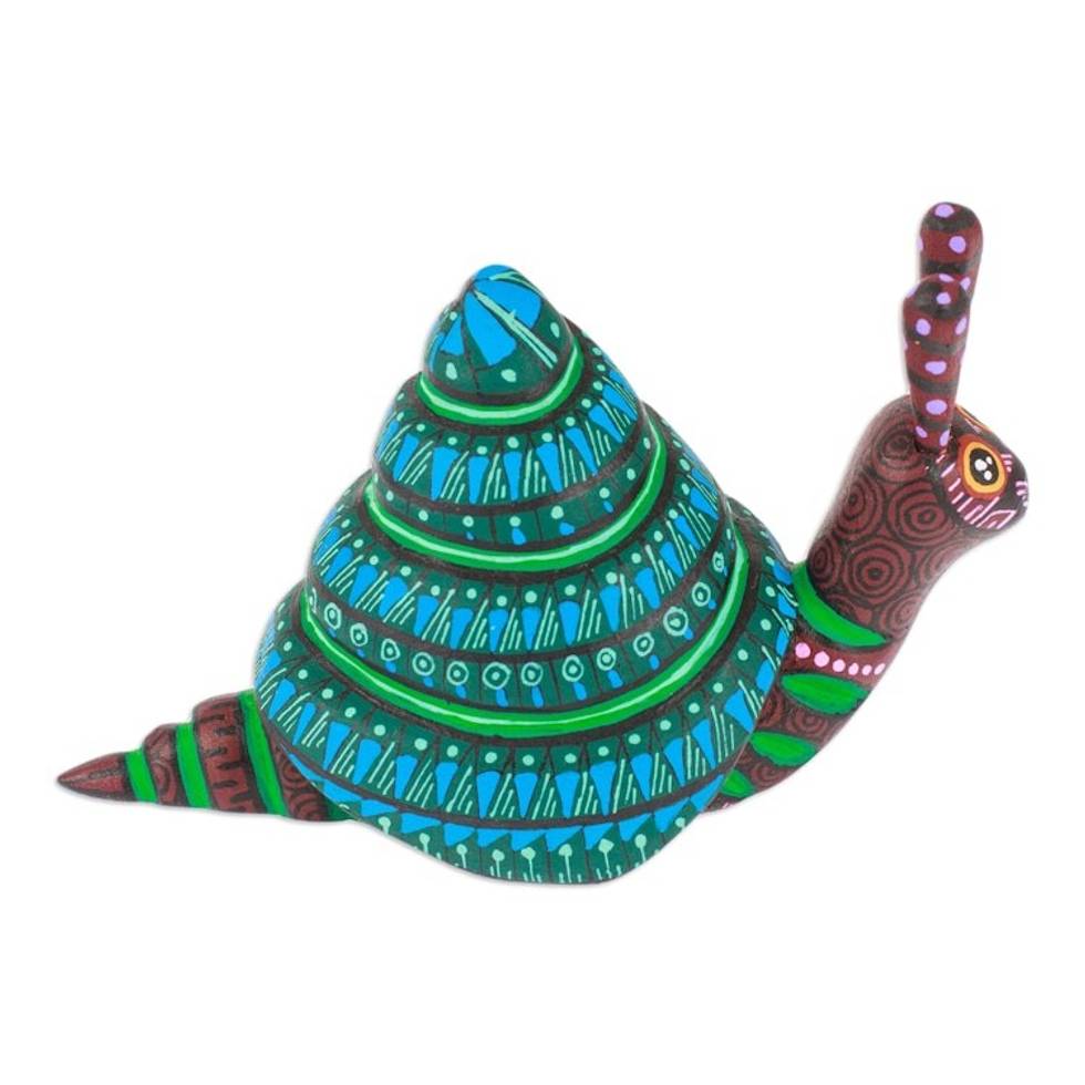 Painted Blue and Purple Copal Wood Snail Alebrije Sculpture 'Purple Will'