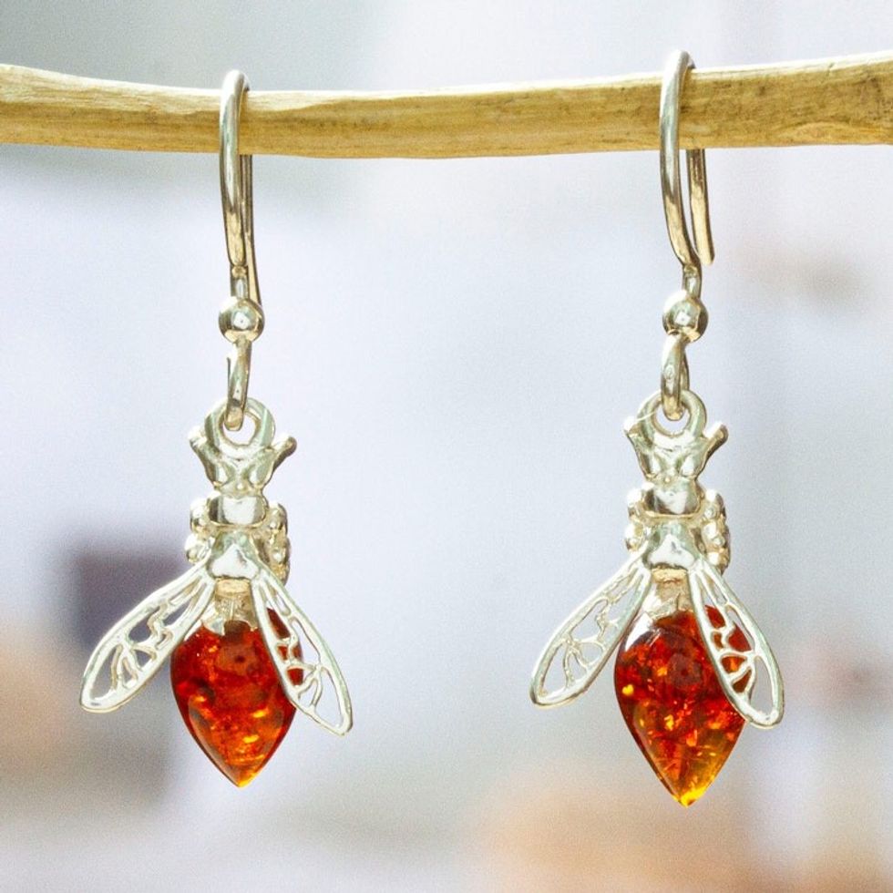 Mexican 925 Sterling Silver and Amber Dangle Earrings 'Amber Bees'