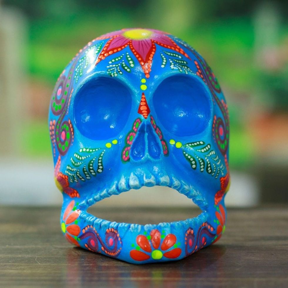 Hand-Painted Azure Recycled Cardboard Skull Mask 'Azure Underworld'