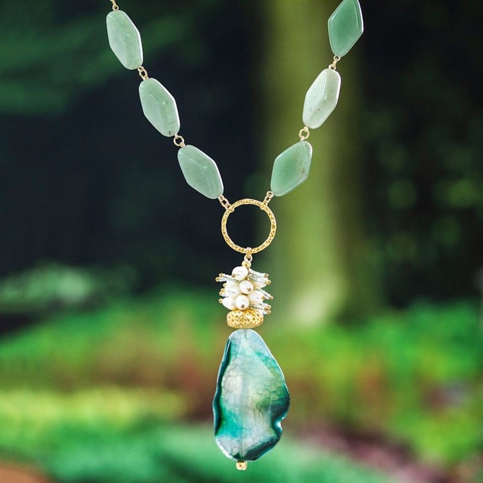 Gold-Accented Green Multi-Gemstone Pendant Necklace 'Divine Nature'