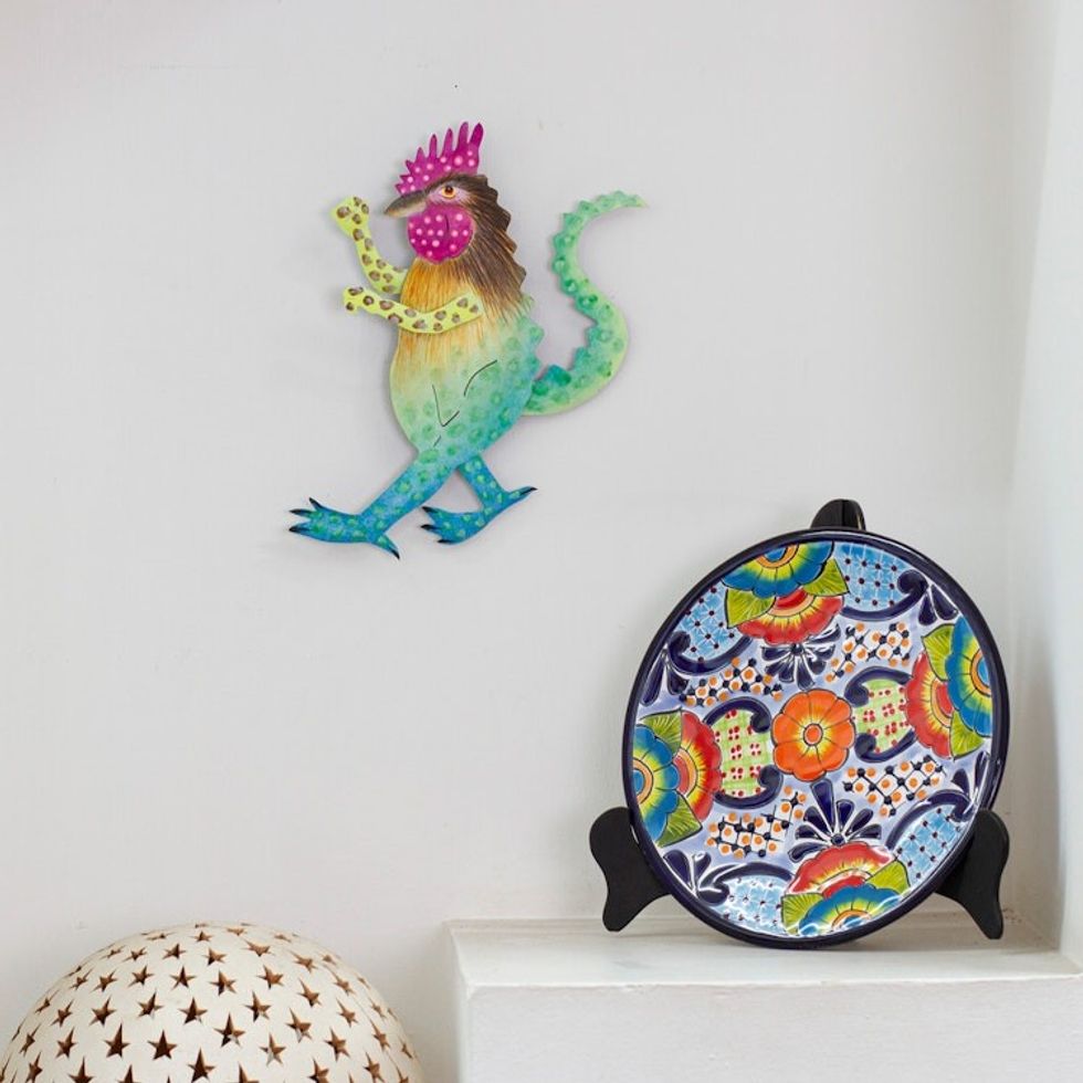 Handcrafted Alebrije Steel Wall Art of Rooster-Headed Dragon 'Ethereal Mirage'