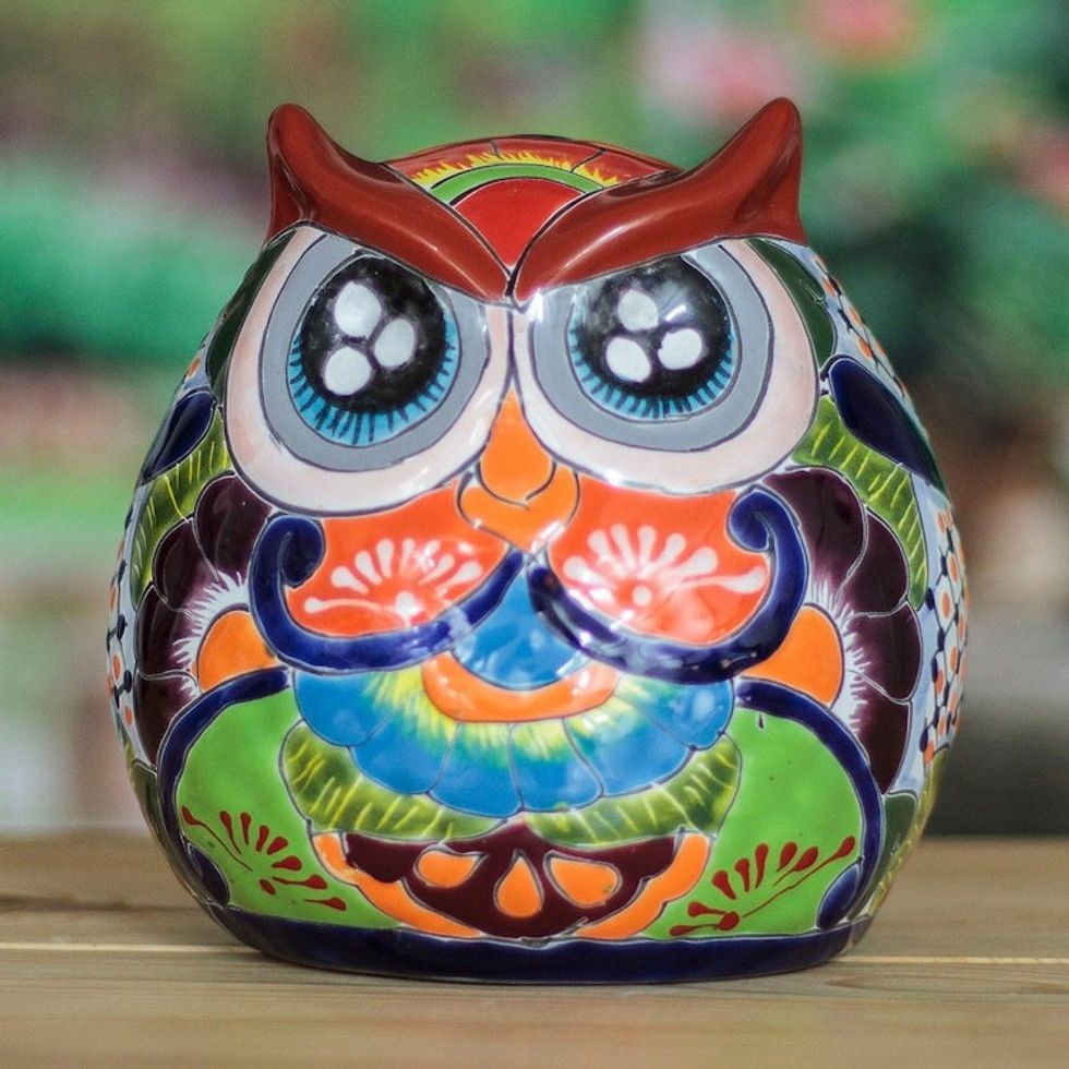 Owl-Themed Floral Hand-Painted Ceramic Sculpture 'Mystic Sweetie'