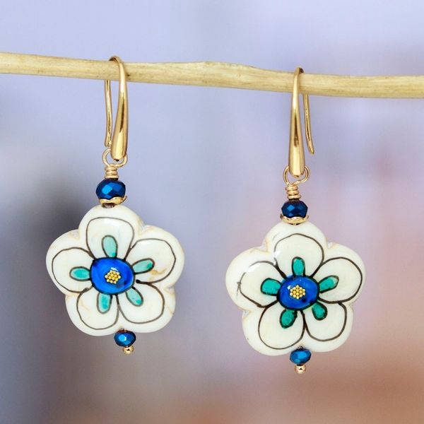 Alternate image for Gold-Accented Floral Howlite Dangle Earrings in Blue Hues Imagination Bloom