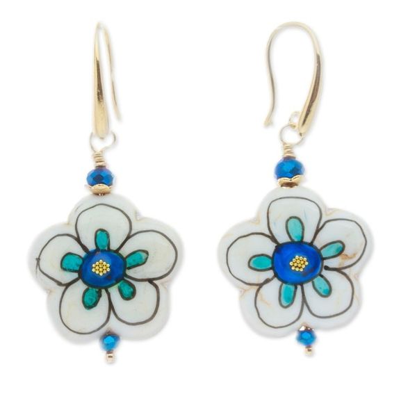 Alternate image for Gold-Accented Floral Howlite Dangle Earrings in Blue Hues Imagination Bloom