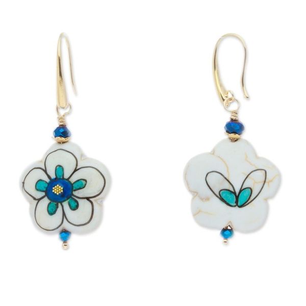 Alternate image for Gold-Accented Floral Howlite Dangle Earrings in Blue Hues Imagination Bloom