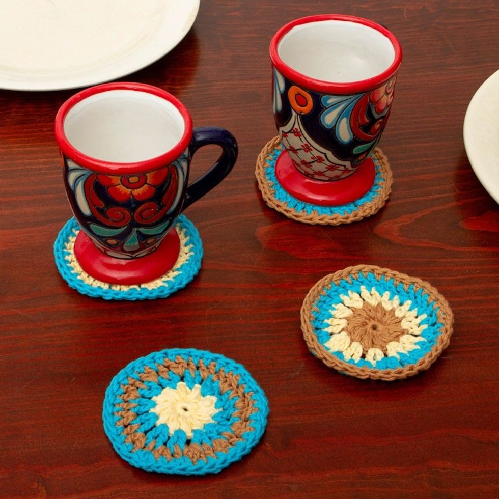 Set of 4 Handmade Turquoise and Brown Crocheted Coasters 'Turquoise Pinwheel'