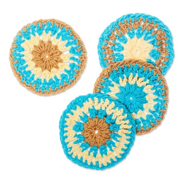 Alternate image for Set of 4 Handmade Turquoise and Brown Crocheted Coasters Turquoise Pinwheel