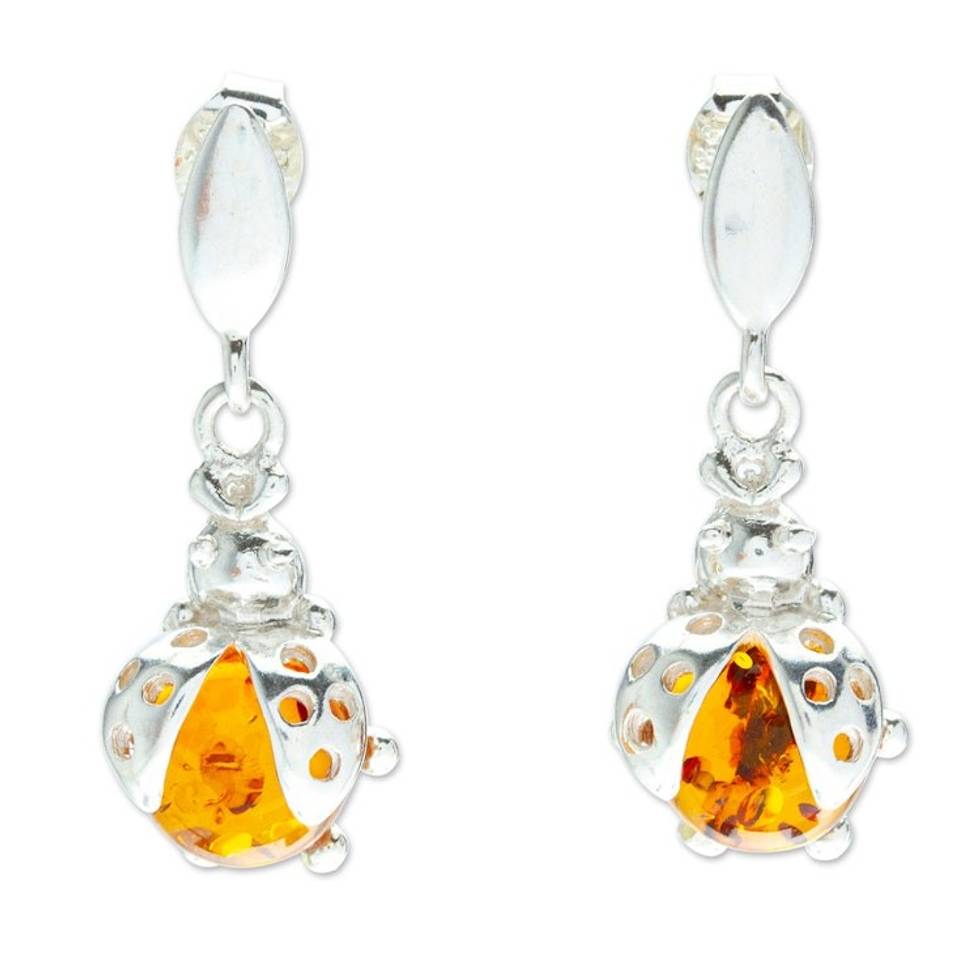 925 Sterling Silver and Amber Ladybug Dangle Earrings 'Sweet Ladybug'