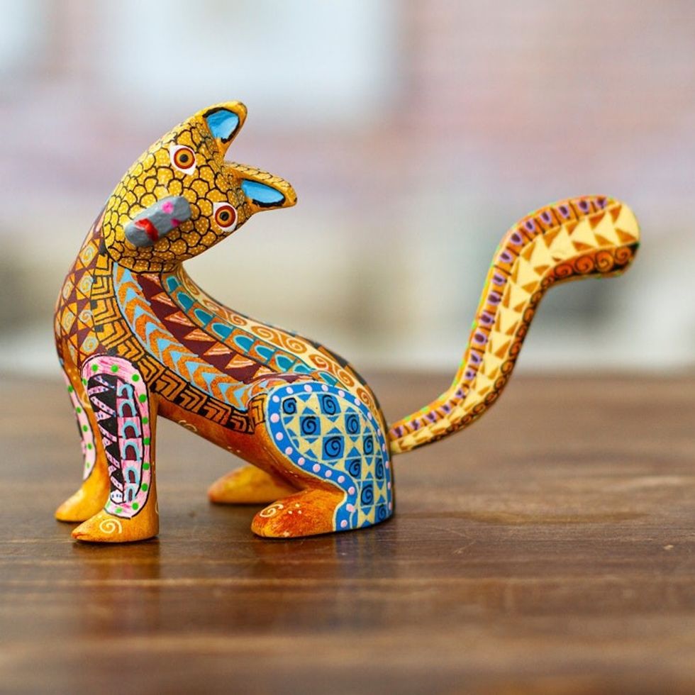 Wood Cat Alebrije Figurine in Amber Hand-Painted in Mexico 'Curious Cat in Amber'