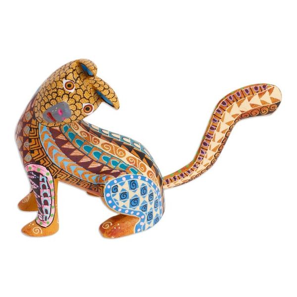 Alternate image for Wood Cat Alebrije Figurine in Amber Hand-Painted in Mexico Curious Cat in Amber