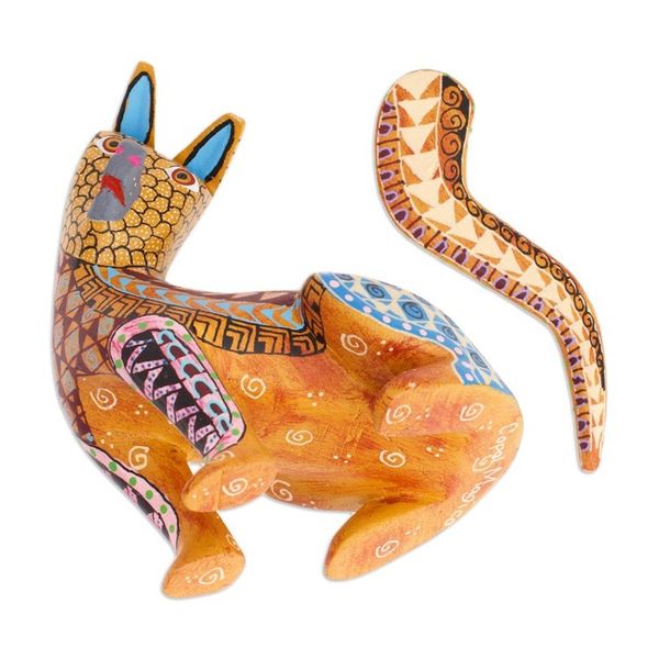 Alternate image for Wood Cat Alebrije Figurine in Amber Hand-Painted in Mexico Curious Cat in Amber