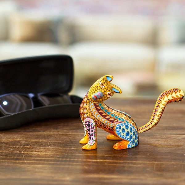 Alternate image for Wood Cat Alebrije Figurine in Amber Hand-Painted in Mexico Curious Cat in Amber