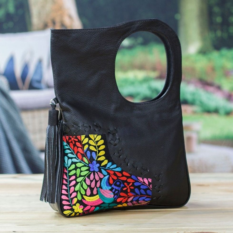 Embroidered Hummingbird Black Leather Handle Handbag 'Hummingbird Garden'