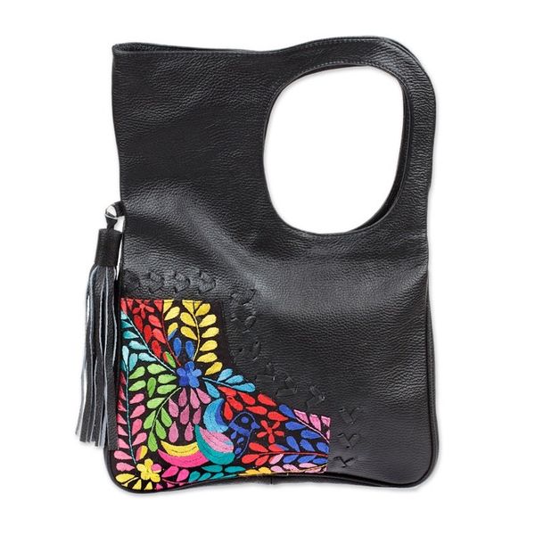 Alternate image for Embroidered Hummingbird Black Leather Handle Handbag Hummingbird Garden