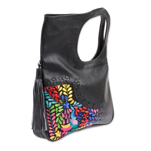 Alternate image for Embroidered Hummingbird Black Leather Handle Handbag Hummingbird Garden