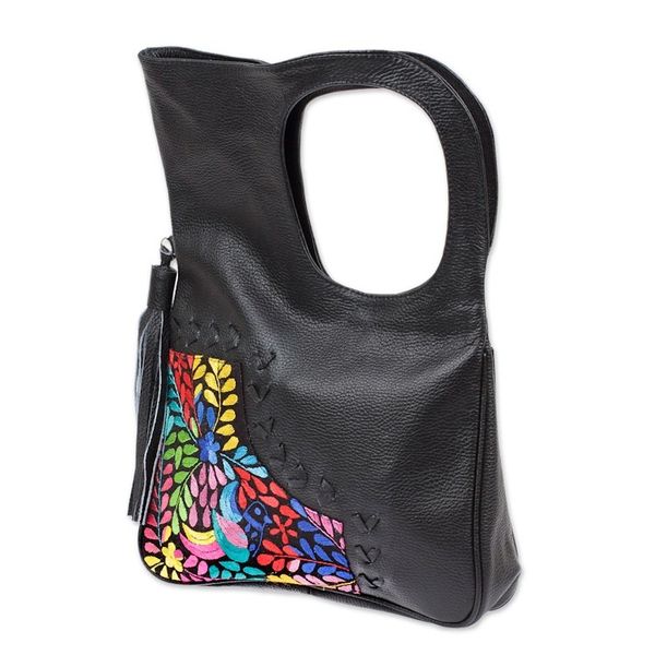 Alternate image for Embroidered Hummingbird Black Leather Handle Handbag Hummingbird Garden