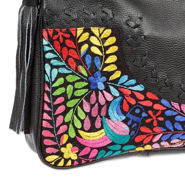 Alternate image for Embroidered Hummingbird Black Leather Handle Handbag Hummingbird Garden