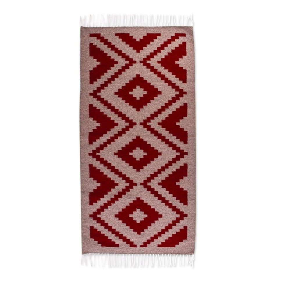Diamond Pattern Hand Woven Zapotec Rug 2.5x5 from Mexico 'Valley Fire'