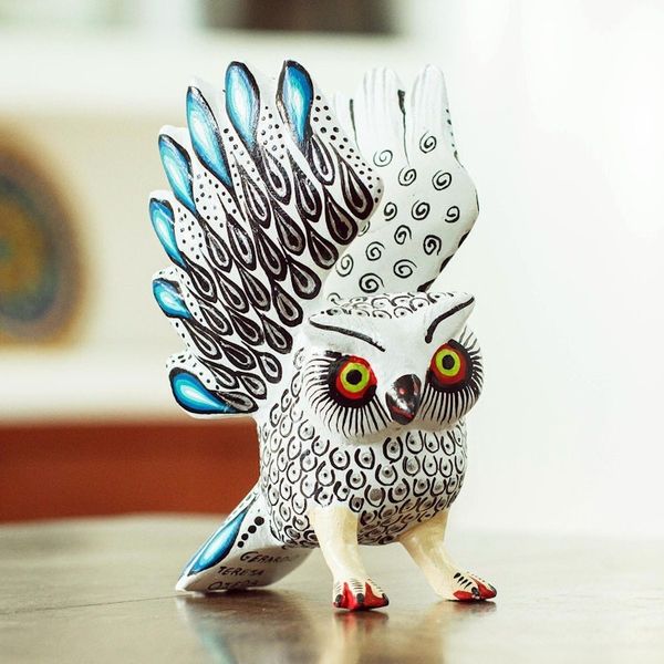 Alternate image for Blue Tipped White and Black Owl Alebrije Figure from Oaxaca Frosty Owl