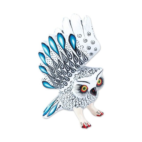 Alternate image for Blue Tipped White and Black Owl Alebrije Figure from Oaxaca Frosty Owl