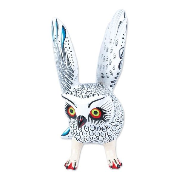 Alternate image for Blue Tipped White and Black Owl Alebrije Figure from Oaxaca Frosty Owl
